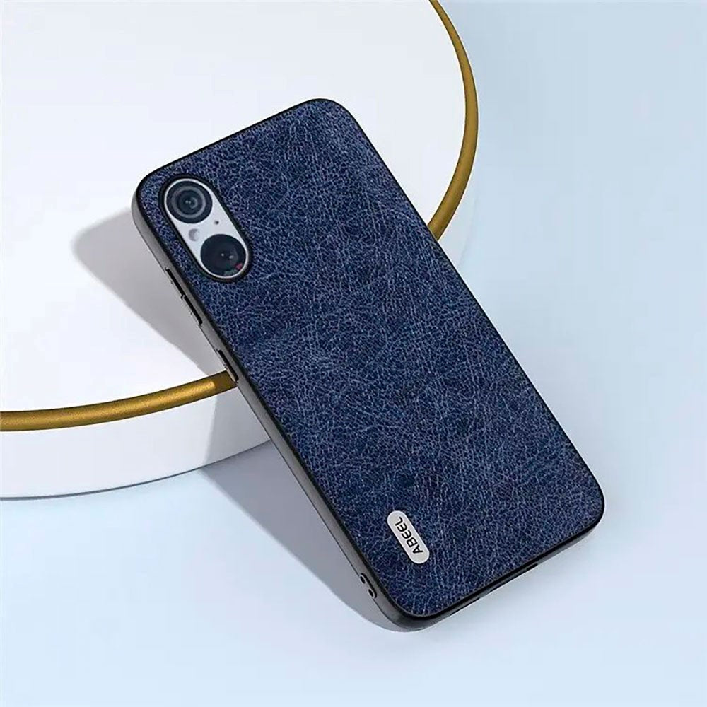 Sony Xperia 5 V Litchi Leather Covered Plastic Case - Dark Blue