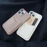 iPhone 15 Litchi Leather Covered Plastic Case with Card Holder - White