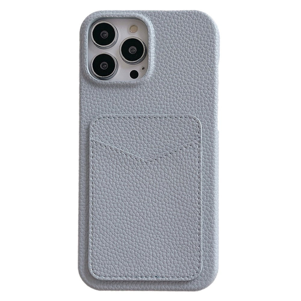 iPhone 15 Litchi Leather Covered Plastic Case with Card Holder - Grey