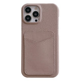 iPhone 15 Litchi Leather Covered Plastic Case with Card Holder - Brown