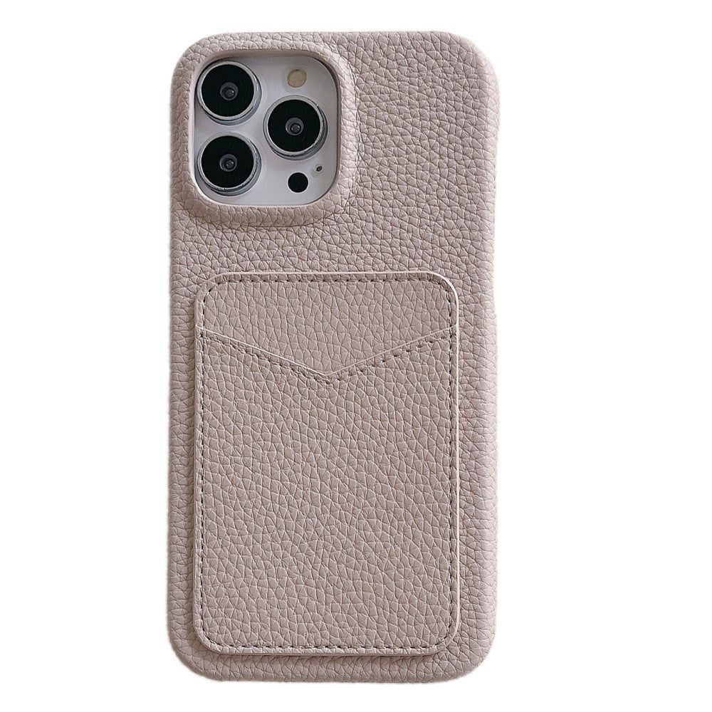 iPhone 15 Litchi Leather Covered Plastic Case with Card Holder - Beige