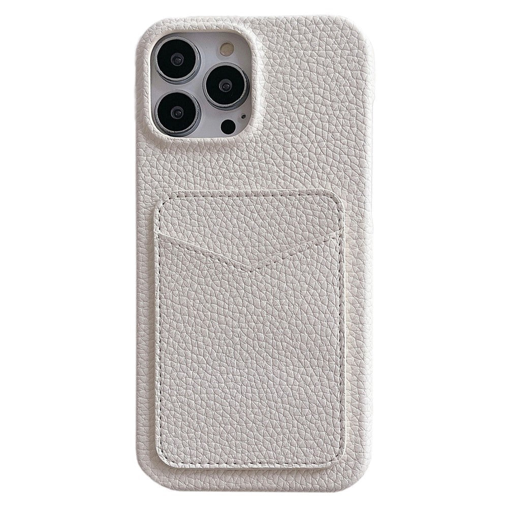 iPhone 15 Pro Litchi Leather Covered Plastic Case with Card Holder - White