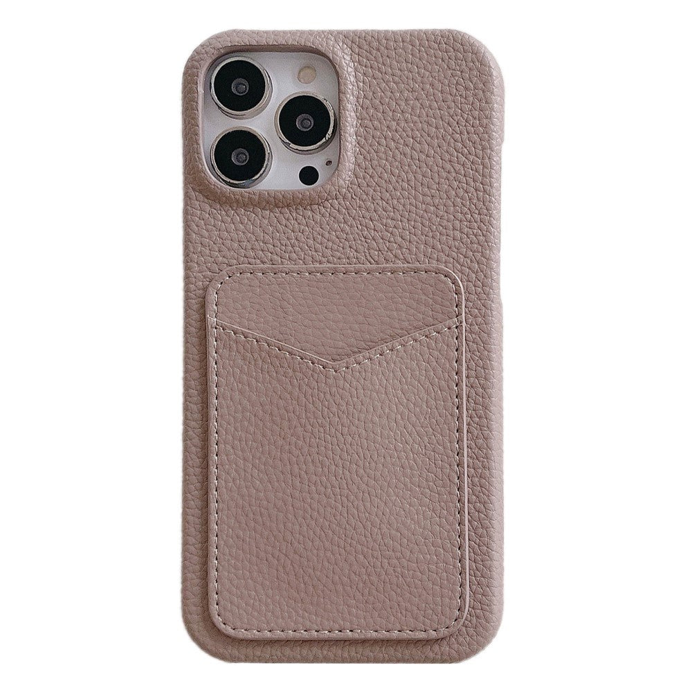 iPhone 15 Pro Litchi Leather Covered Plastic Case with Card Holder - Brown