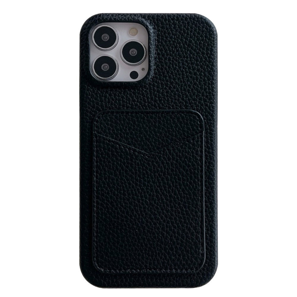 iPhone 15 Pro Litchi Leather Covered Plastic Case with Card Holder - Black