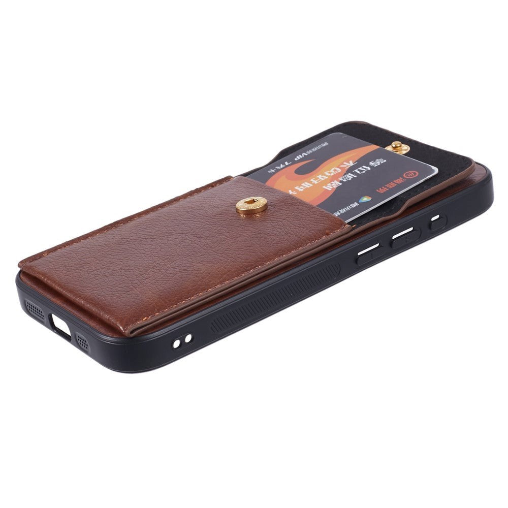 iPhone 15 Pro Max Leather Covered Plastic Case with Card Holder - Brown