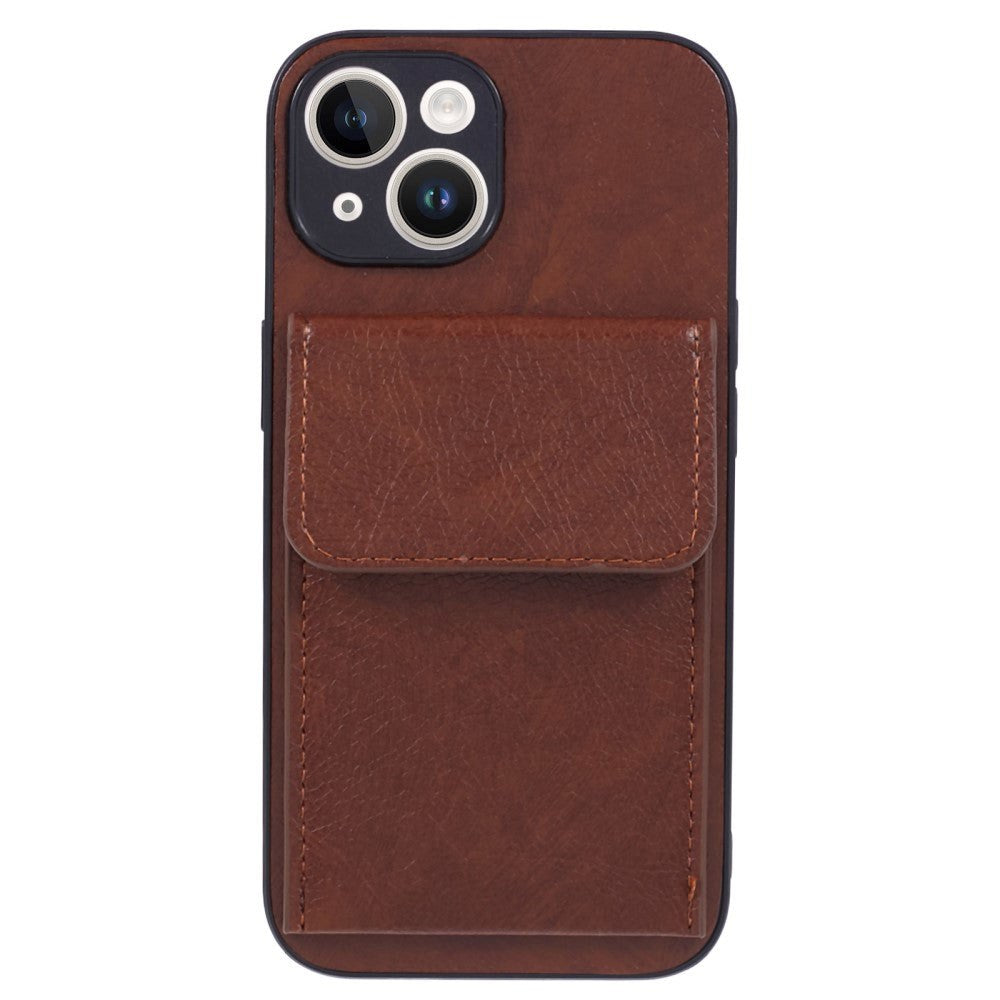 iPhone 15 Leather Covered Plastic Case with Card Holder - Brown