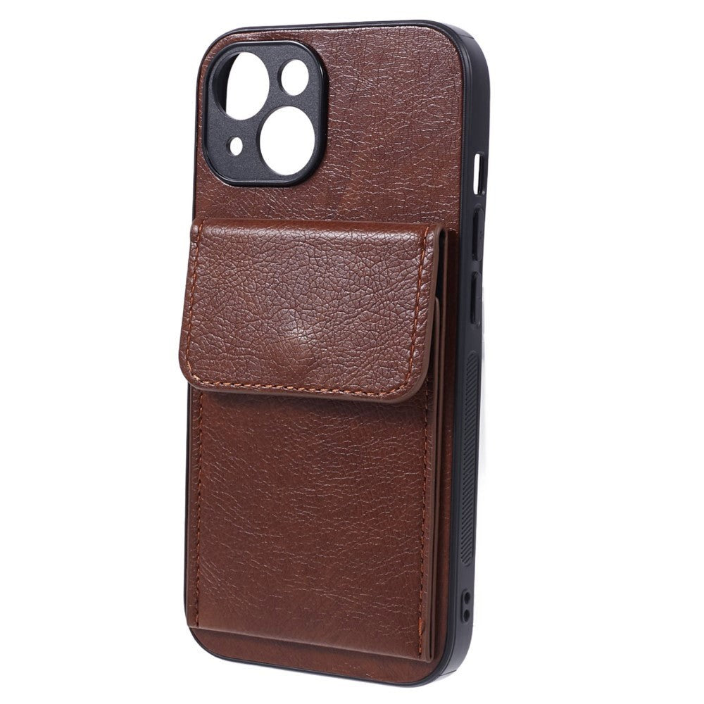 iPhone 15 Leather Covered Plastic Case with Card Holder - Brown