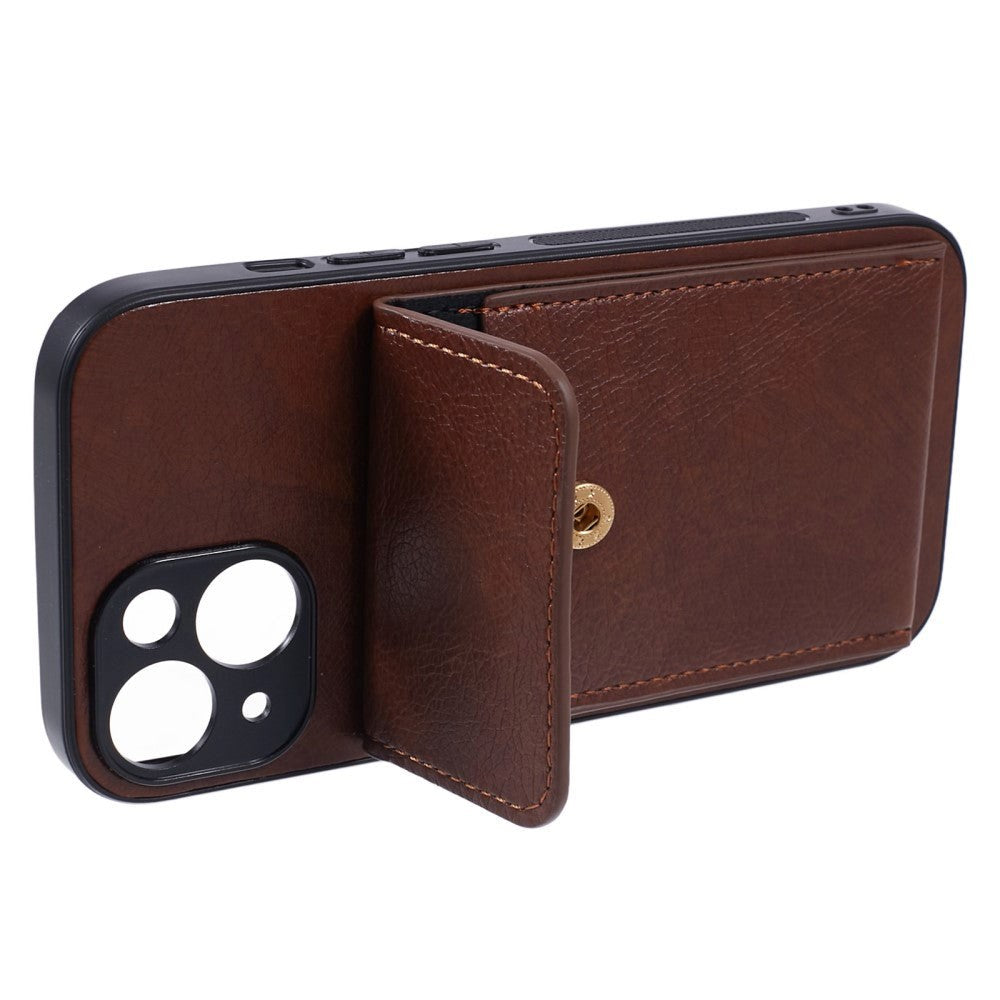 iPhone 15 Leather Covered Plastic Case with Card Holder - Brown