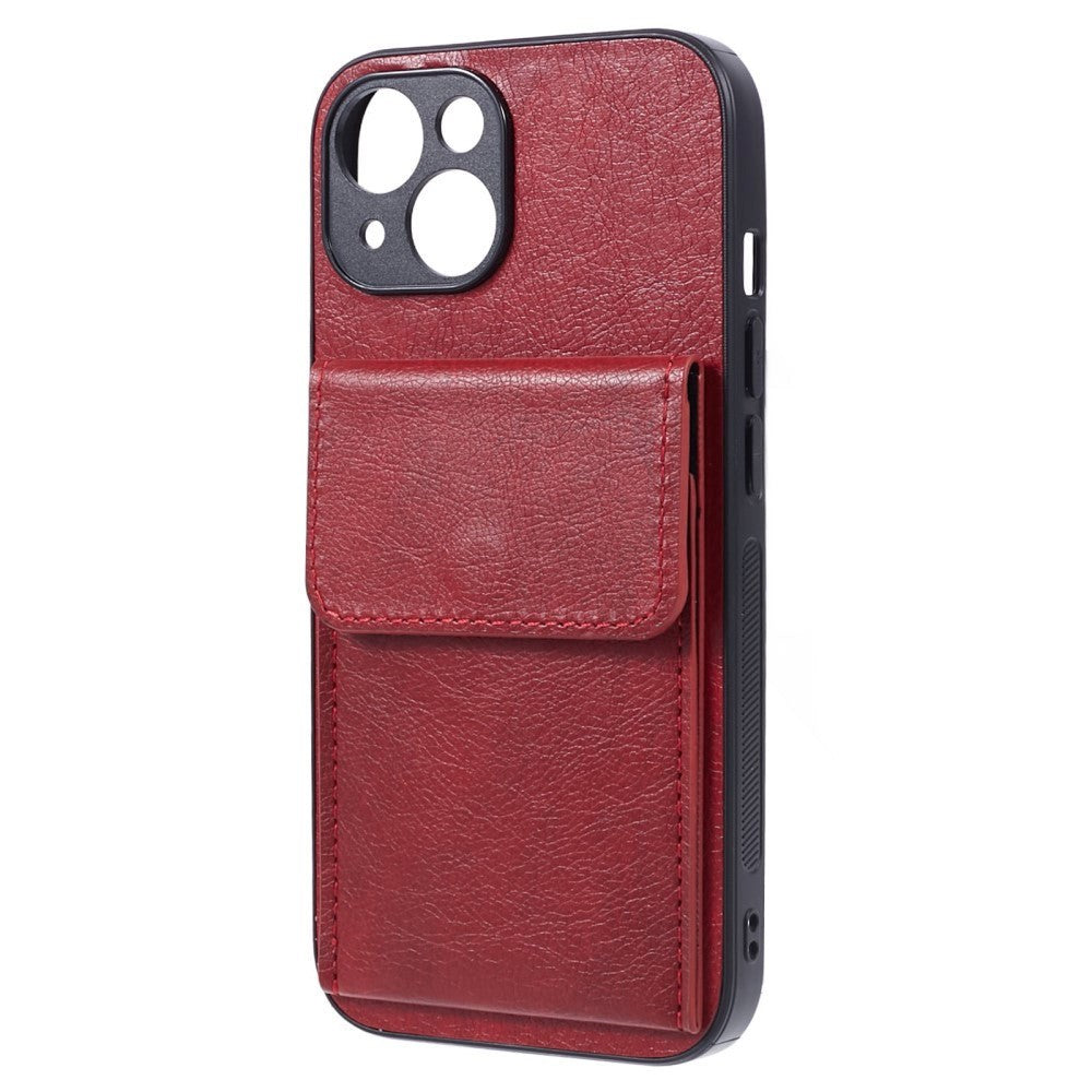 iPhone 15 Leather Covered Plastic Case with Card Holder - Red