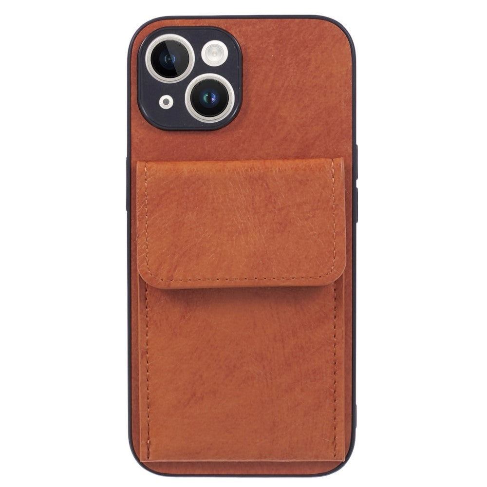 iPhone 15 Leather Covered Plastic Case with Card Holder - Light Brown