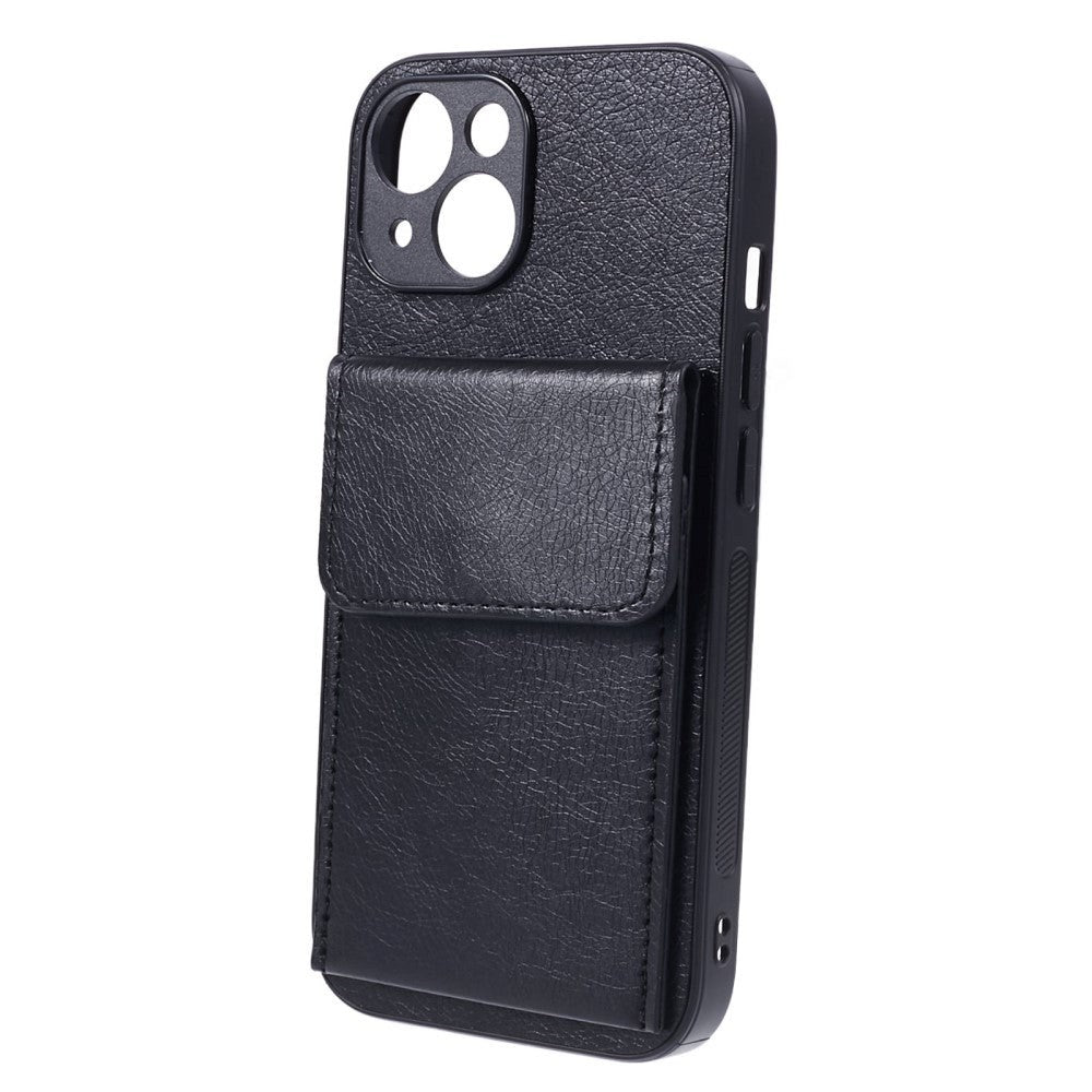 iPhone 15 Leather Covered Plastic Case with Card Holder - Black