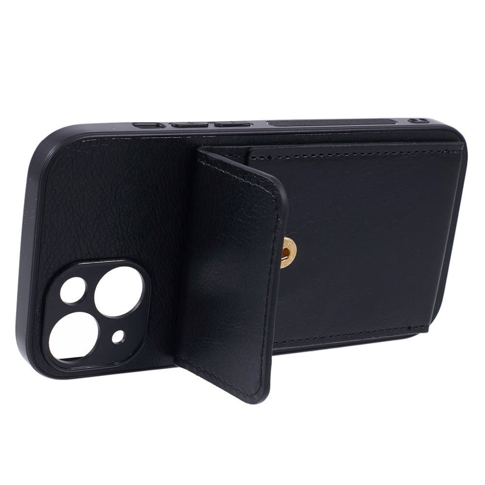 iPhone 15 Leather Covered Plastic Case with Card Holder - Black