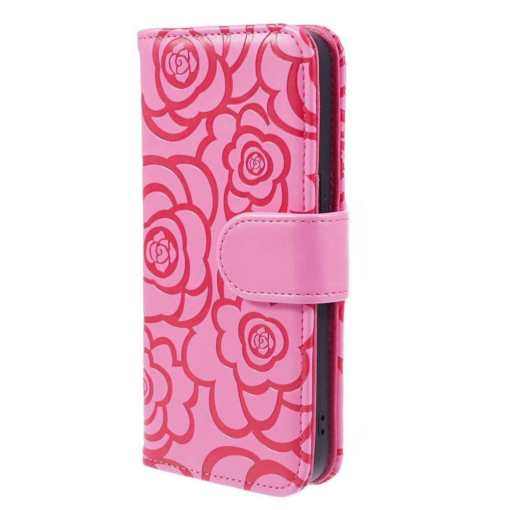 iPhone 15 Pro Artificial Leather Case w. Wallet og Strap - Camellia Flower - Pink