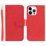 iPhone 15 Pro Artificial Leather Case w. Wallet og Strap - Camellia Flower - Red