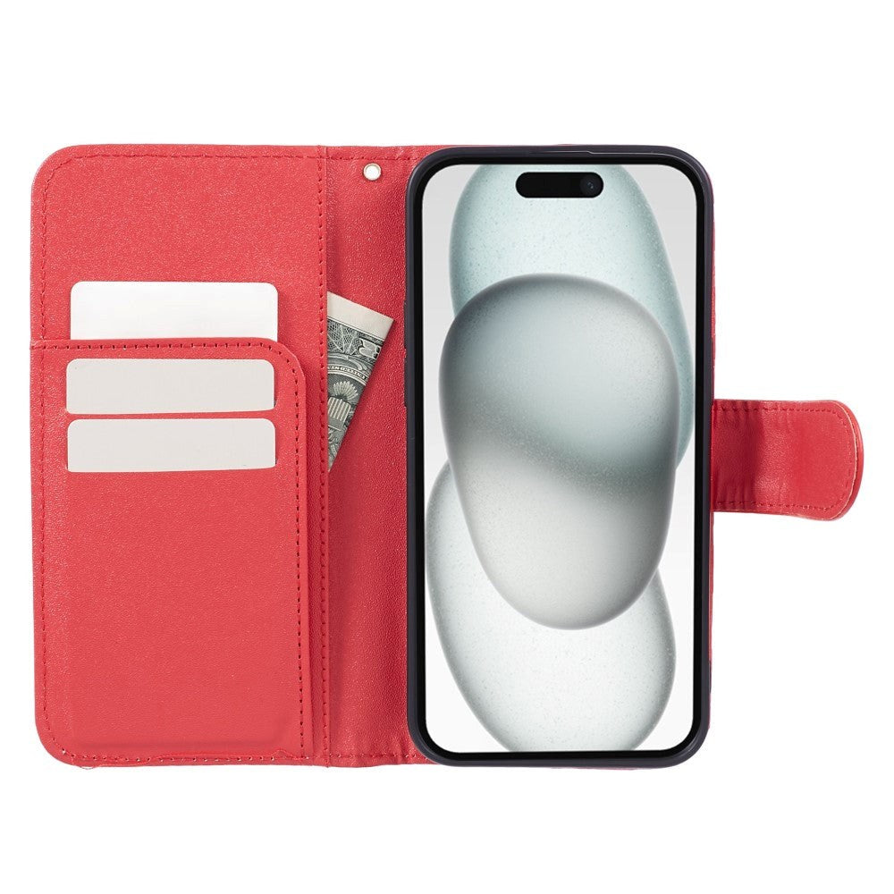 iPhone 15 Pro Artificial Leather Case w. Wallet og Strap - Camellia Flower - Red