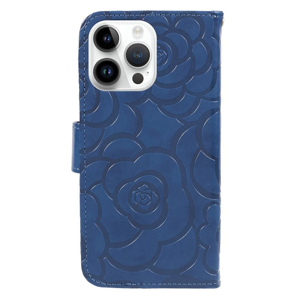 iPhone 15 Pro Artificial Leather Case w. Wallet og Strap - Camellia Flower - Blue