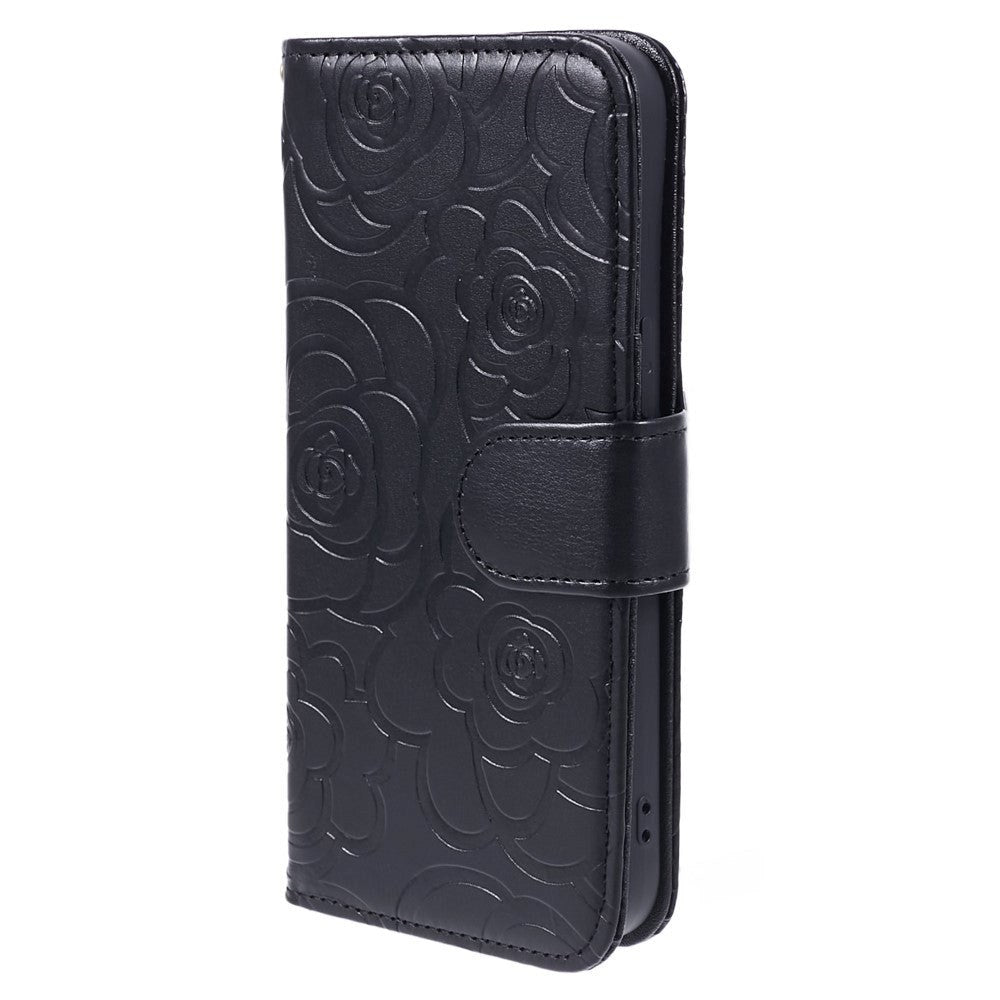 iPhone 15 Pro Artificial Leather Case w. Wallet og Strap - Camellia Flower - Black