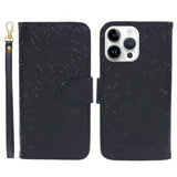 iPhone 15 Pro Artificial Leather Case w. Wallet og Strap - Camellia Flower - Black