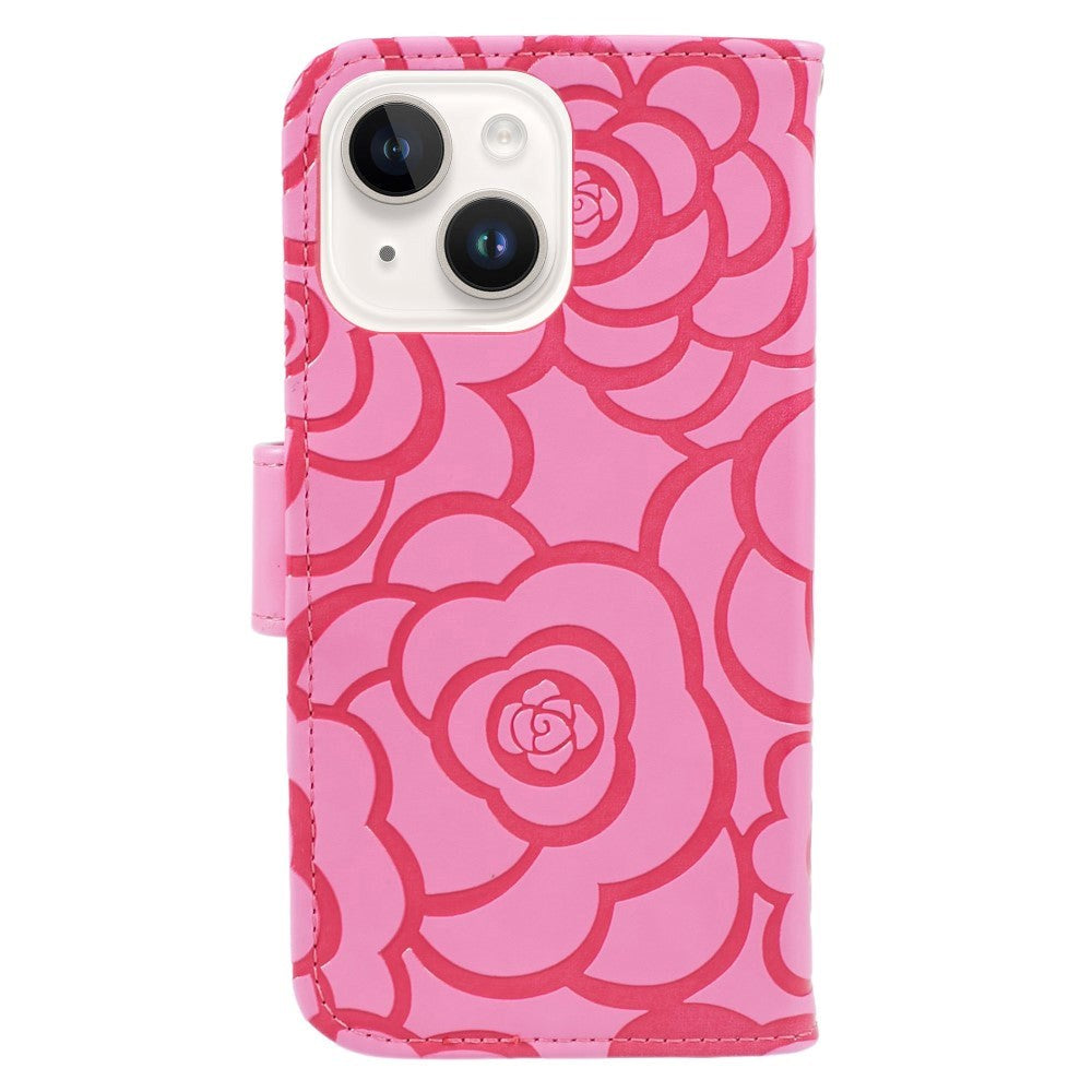 iPhone 15 Plus Artificial Leather Case w. Wallet og Strap - Camellia Flower - Pink