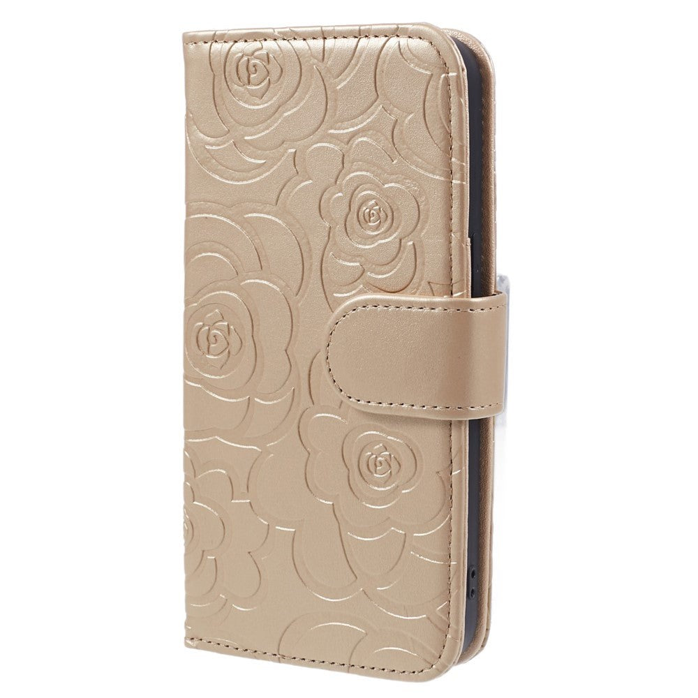 iPhone 15 Plus Artificial Leather Case w. Wallet og Strap - Camellia Flower - Gold