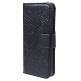 iPhone 15 Plus Artificial Leather Case w. Wallet og Strap - Camellia Flower - Black