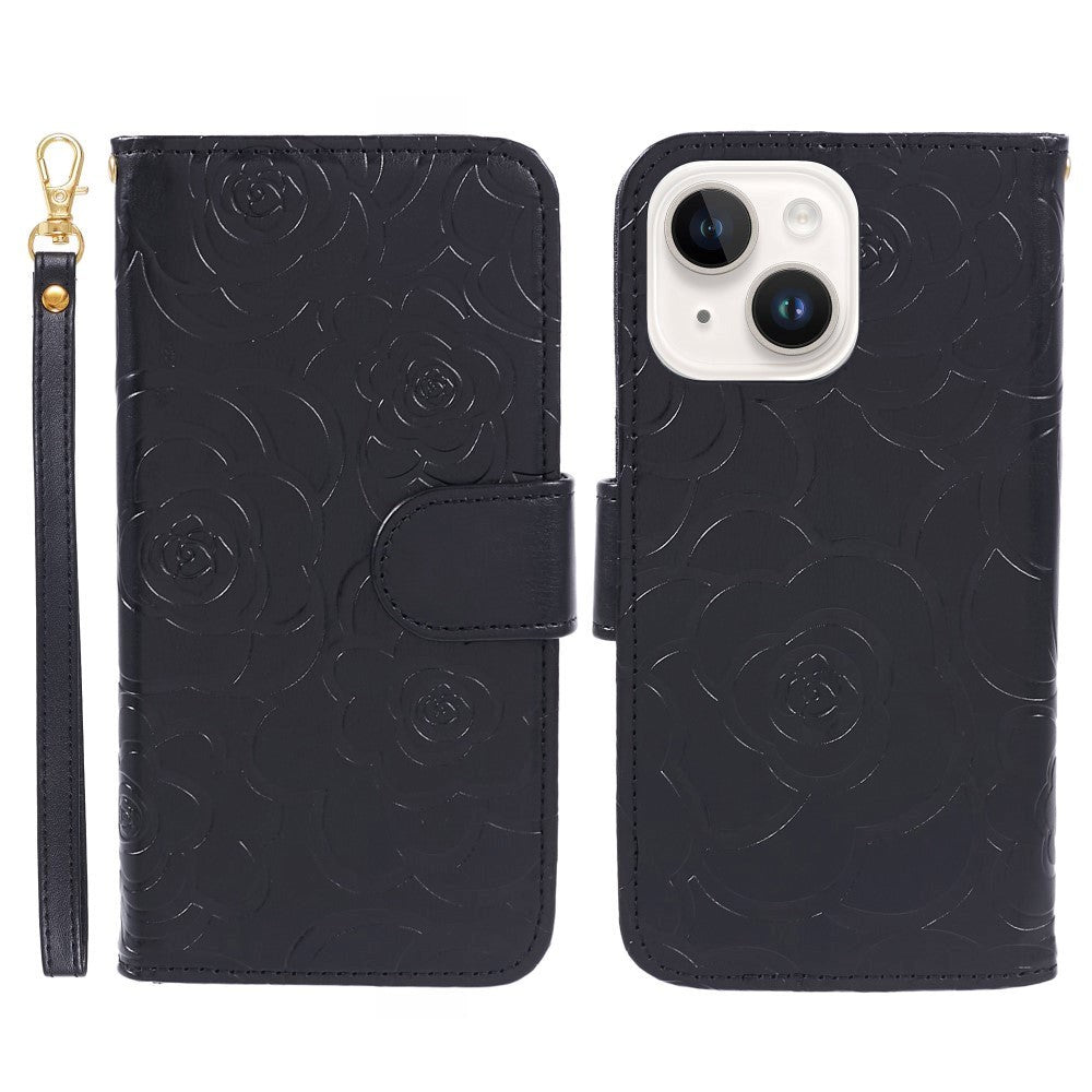 iPhone 15 Plus Artificial Leather Case w. Wallet og Strap - Camellia Flower - Black