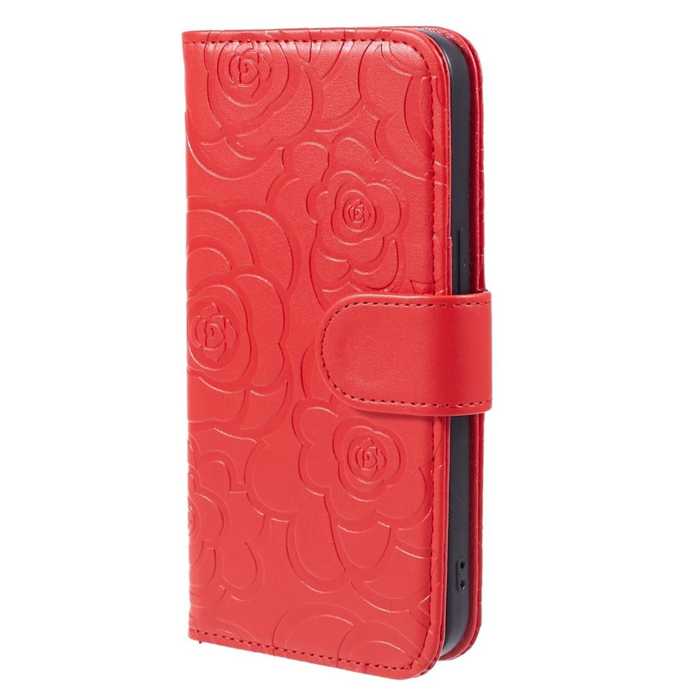 iPhone 15 Plus Artificial Leather Case w. Wallet og Strap - Camellia Flower - Red