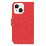 iPhone 15 Plus Artificial Leather Case w. Wallet og Strap - Camellia Flower - Red