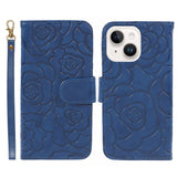 iPhone 15 Plus Artificial Leather Case w. Wallet og Strap - Camellia Flower - Blue