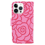 iPhone 15 Pro Max Artificial Leather Case w. Wallet og Strap - Camellia Flower - Pink