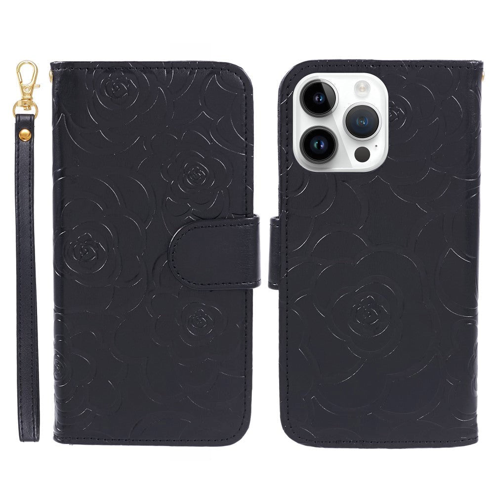 iPhone 15 Pro Max Artificial Leather Case w. Wallet og Strap - Camellia Flower - Black