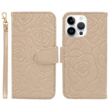 iPhone 15 Pro Max Artificial Leather Case w. Wallet og Strap - Camellia Flower - Gold