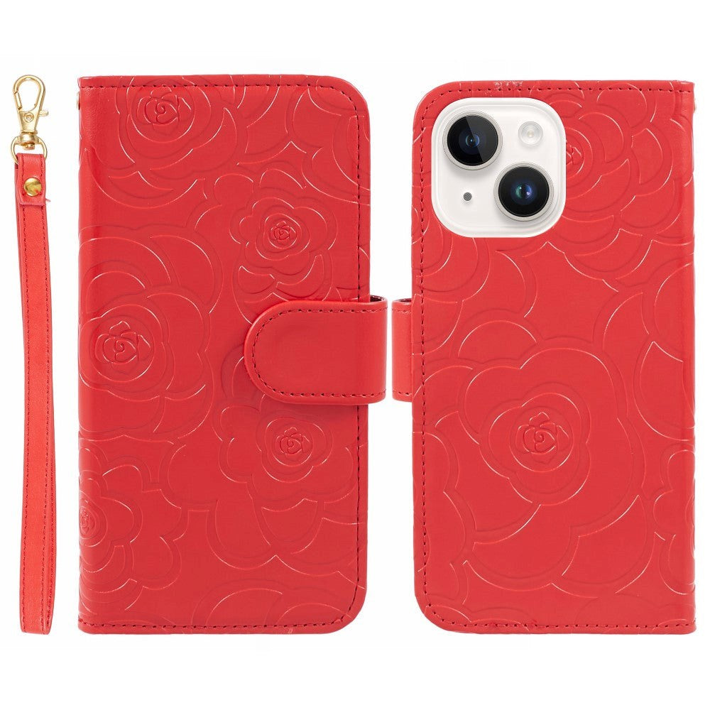 iPhone 15 Artificial Leather Case w. Wallet og Strap - Camellia Flower - Red