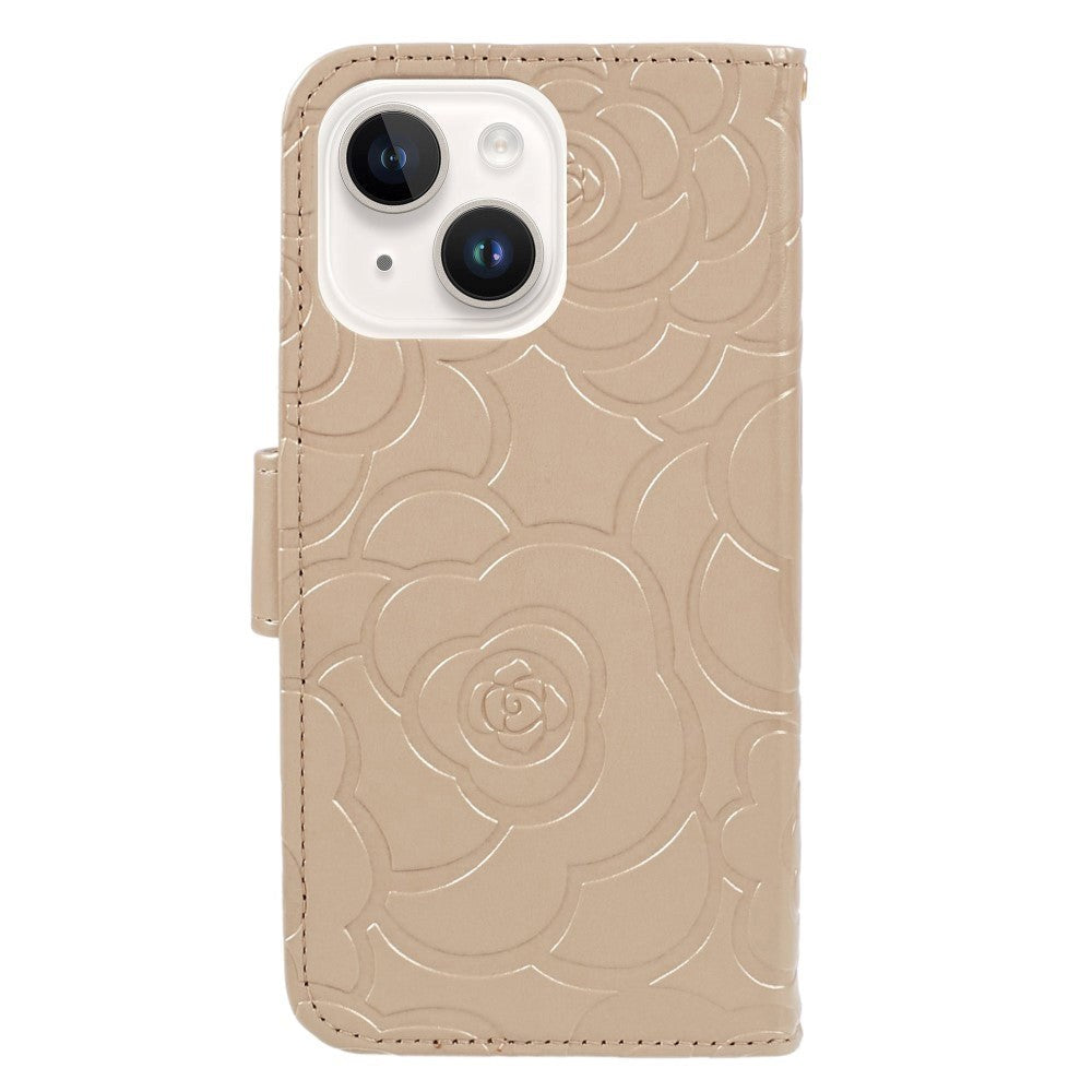 iPhone 15 Artificial Leather Case w. Wallet og Strap - Camellia Flower - Gold