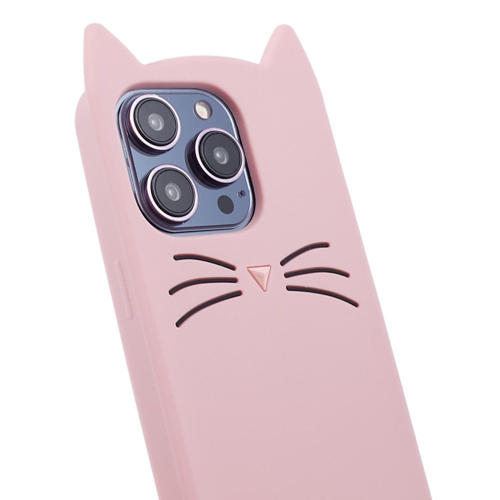 iPhone 13 Pro Silicone Case with 3D Cat - Pink