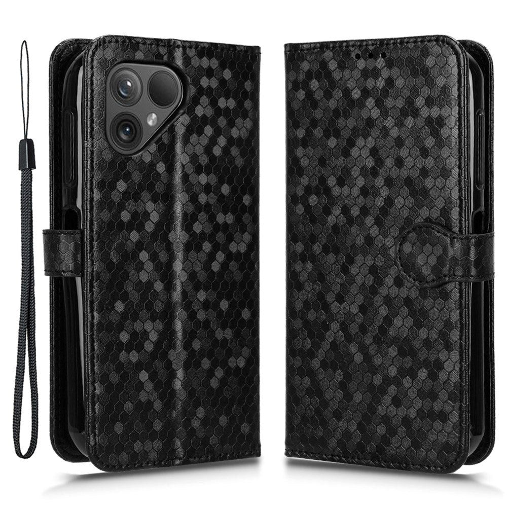 Fairphone 5 Leather Flip Case with Wallet and Strap - Hexagon Engraving - Black