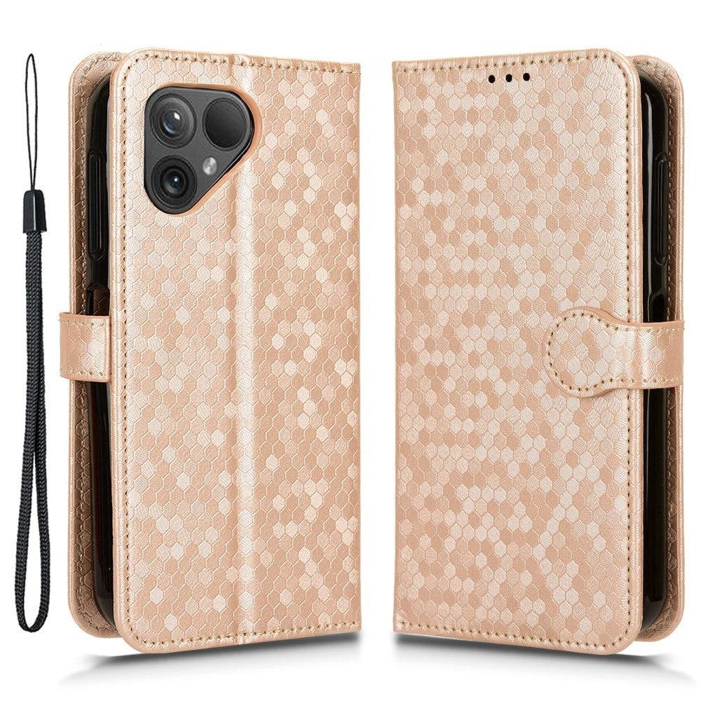 Fairphone 5 Leather Flip Case with Wallet and Strap - Hexagon Engraving - Gold