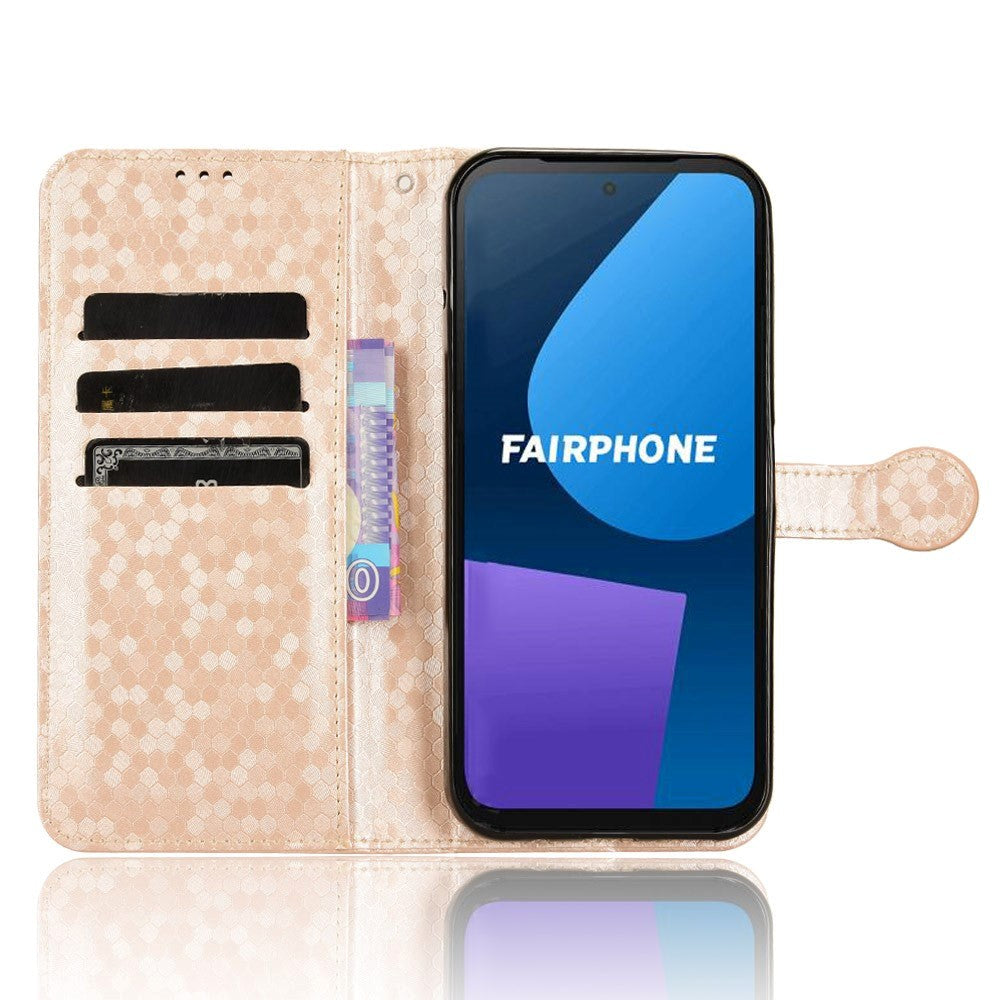 Fairphone 5 Leather Flip Case with Wallet and Strap - Hexagon Engraving - Gold