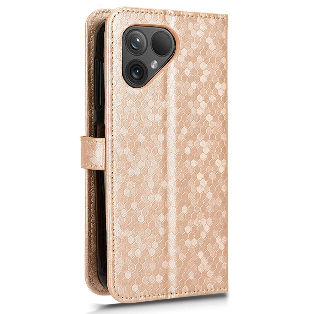 Fairphone 5 Leather Flip Case with Wallet and Strap - Hexagon Engraving - Gold