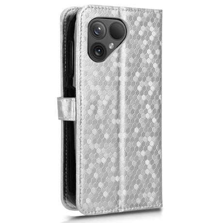 Fairphone 5 Leather Flip Case with Wallet and Strap - Hexagon Engraving - Silver