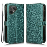 Fairphone 5 Leather Flip Case with Wallet and Strap - Hexagon Engraving - Green