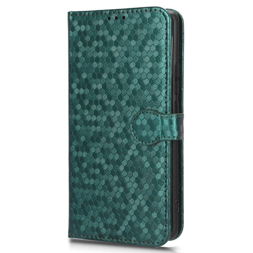 Fairphone 5 Leather Flip Case with Wallet and Strap - Hexagon Engraving - Green