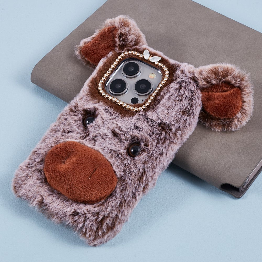 iPhone 15 Pro Flexible Plastic Back Cover w. Fur - Pig - Brown