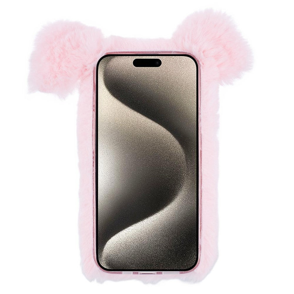 iPhone 15 Pro Flexible Plastic Back Cover w. Fur - Pig - Pink