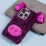 iPhone 15 Pro Flexible Plastic Back Cover w. Fur - Pig - Purple