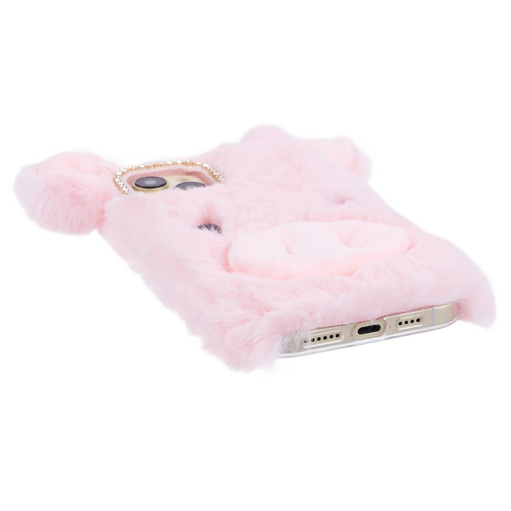 iPhone 15 Flexible Plastic Back Cover w. Fur - Pig - Pink