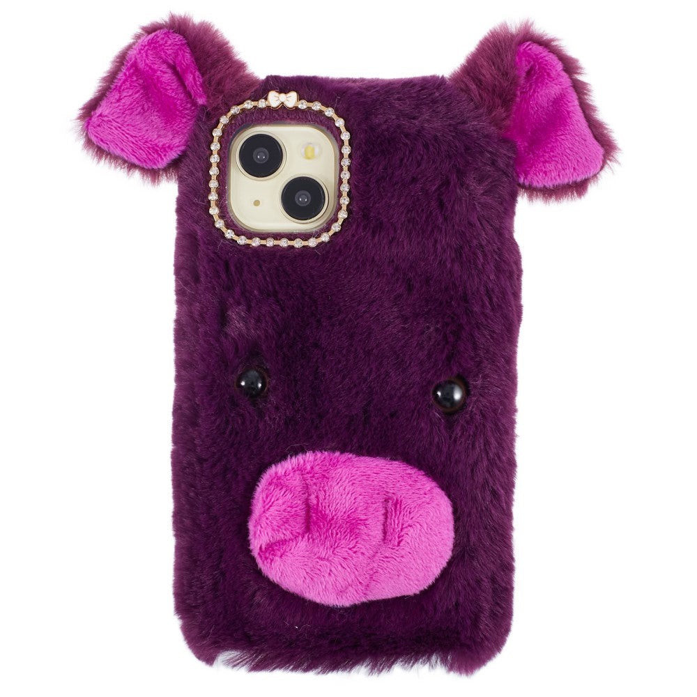 iPhone 15 Flexible Plastic Back Cover w. Fur - Pig - Purple