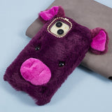 iPhone 15 Flexible Plastic Back Cover w. Fur - Pig - Purple