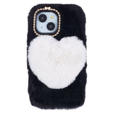 iPhone 15 Flexible Plastic Back Cover w. Fur - Heart - Black