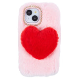 iPhone 15 Flexible Plastic Back Cover w. Fur - Heart - Red / Pink